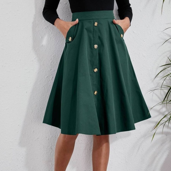 Classic Dark Green Button Detail Pocket Flared Midi Skirt - Picture 12 of 14